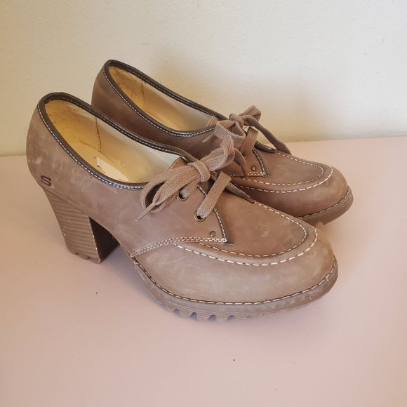 Skechers Brown Leather 7.5 Chunky 90s Y2K Heels Pumps Moc Toe Lace Up Oxfords - Picture 8 of 9